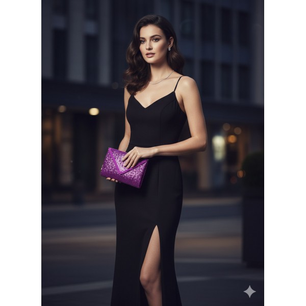 Evening Bag - Satin Envelope Clutch w/ Gradient Colored Beads - Purple -BG-EBP2043PL